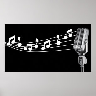 Pôster Mic retro legal & costume preto das notas musicais