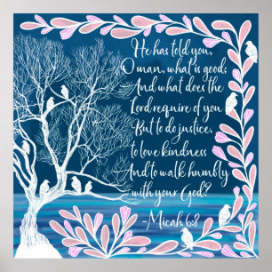 Poster Micah 6:8 Teal Blue Tree Birds Bíblia Verso