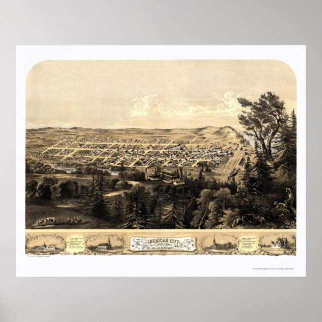 Poster Michigan City, IN Panorâmica Map - 1869a (Frente)