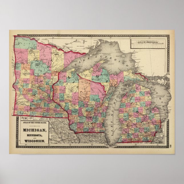 Pôster Michigan, Minnesota, and Wisconsin (Frente)