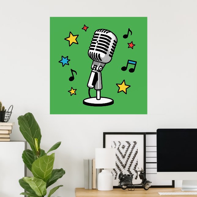 Poster Microfone Antigo Notas Musicais Design Retro de Ca (Escritório em casa)