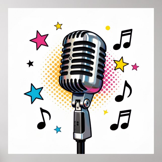 Poster Microfone pop com estrelas coloridas e notas music (Frente)