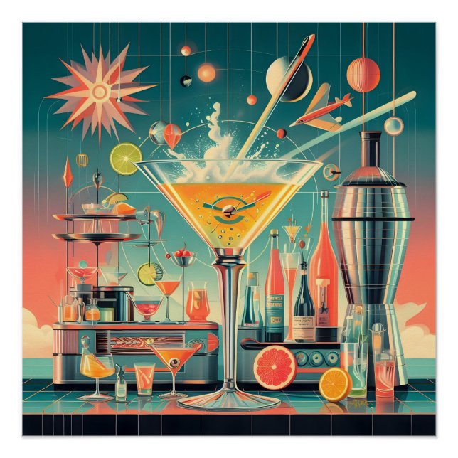 Pôster Mid Century Atomic Futuristic Citrus Martini Bar (Frente)