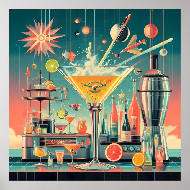 Poster Mid Century Atomic Futuristic Citrus Martini Bar (Frente)