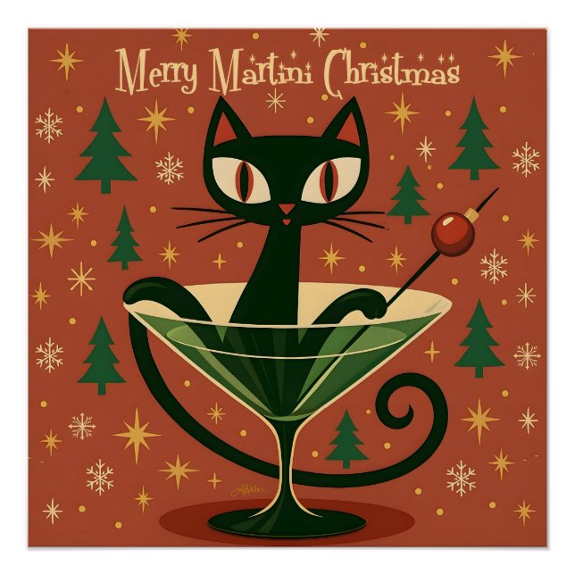 Pôster Mid Century Black Cat Merry Martini Christmas (Frente)