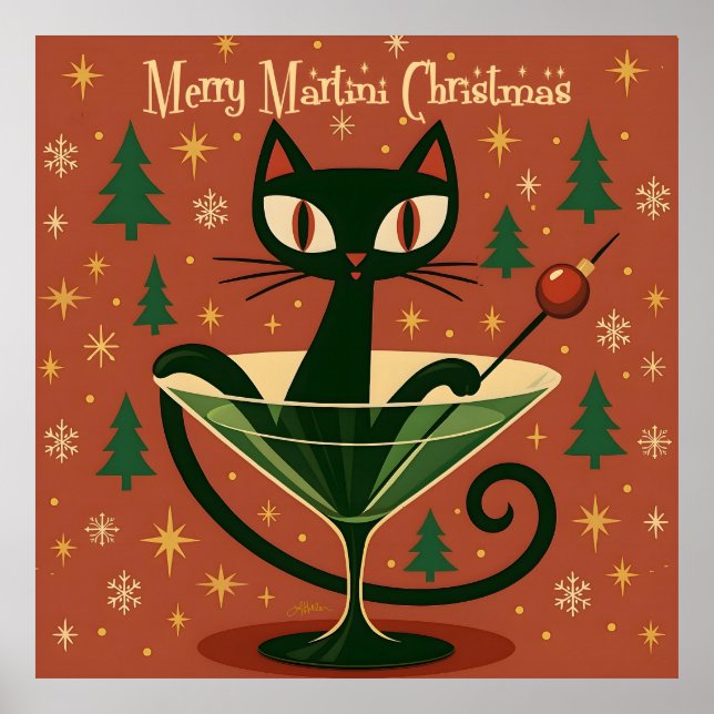 Poster Mid Century Black Cat Merry Martini Christmas (Frente)