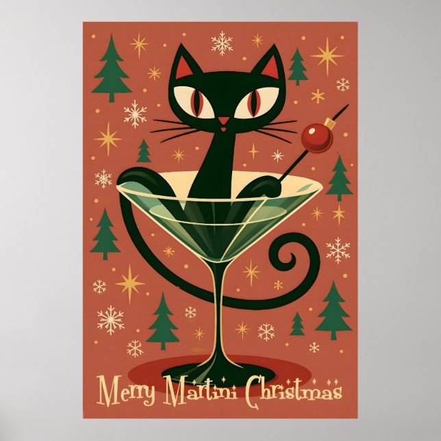Poster Mid Century Black Cat Merry Martini Christmas (Frente)