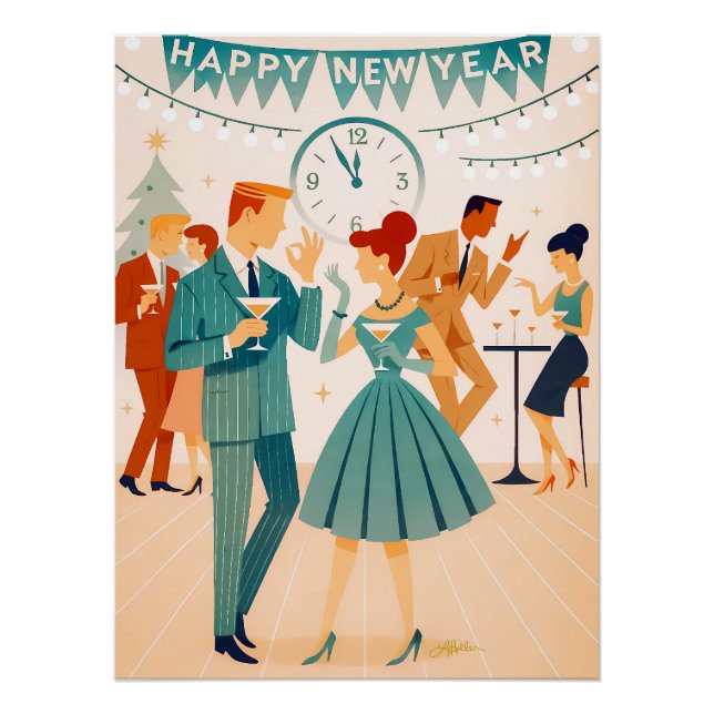 Pôster Mid Century Happy New Year The Martini Dance (Frente)