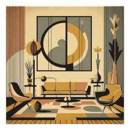 Pôster Mid Century Interior Design Autumn Hues Livingroom