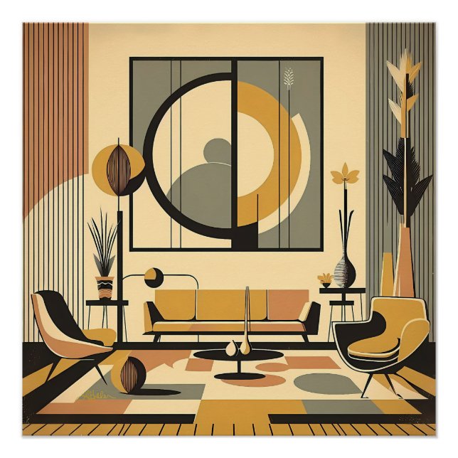 Pôster Mid Century Interior Design Autumn Hues Livingroom (Frente)