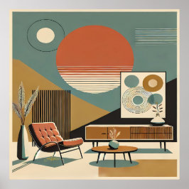 Poster Mid Century Interior Design Sunrise Livingroom