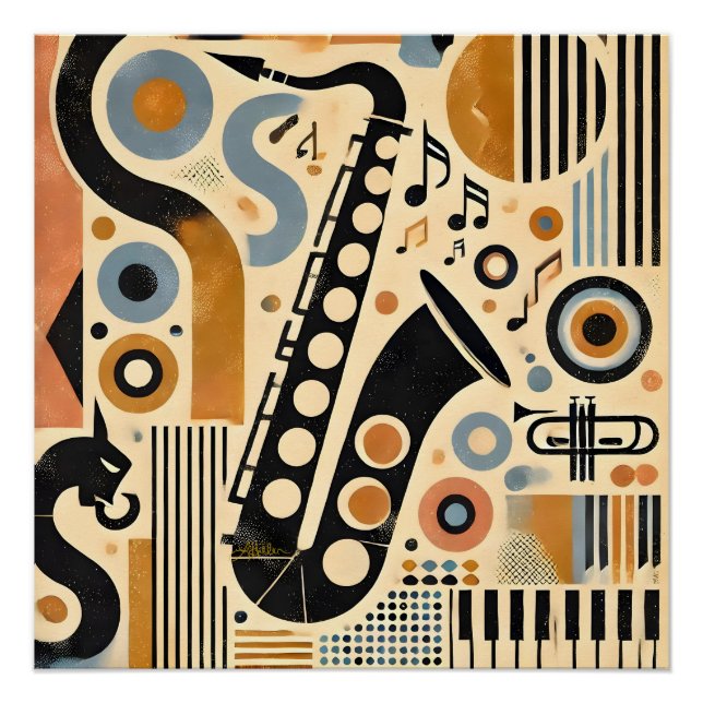 Pôster Mid Century Jazz Age Minimalist Art Saxophone (Frente)