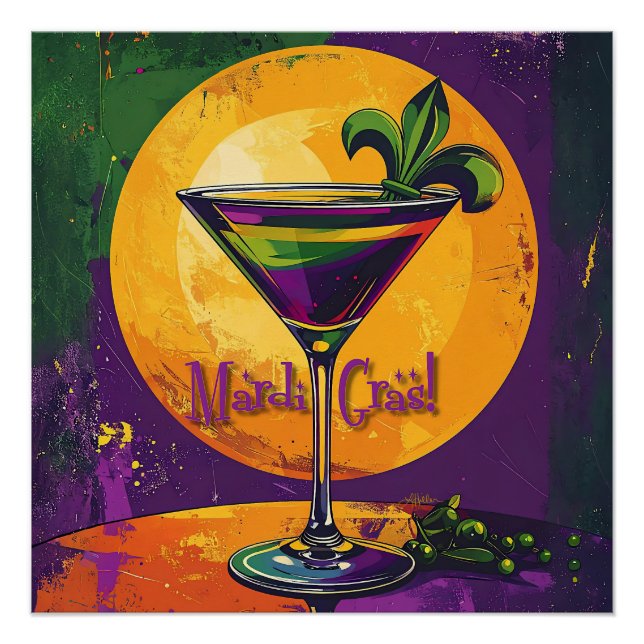 Pôster Mid Century Mardi Gras Sunset Fleur De Lis Martini (Frente)