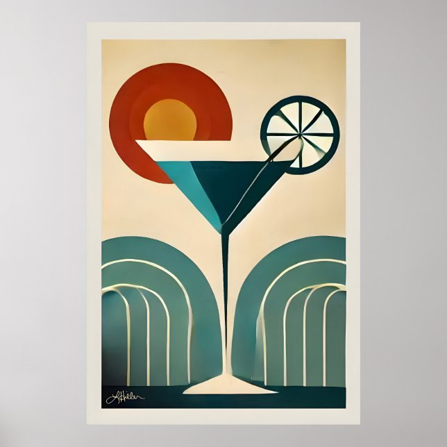 Poster Mid Century Modern Art Mountain Sunrise Martini (Frente)