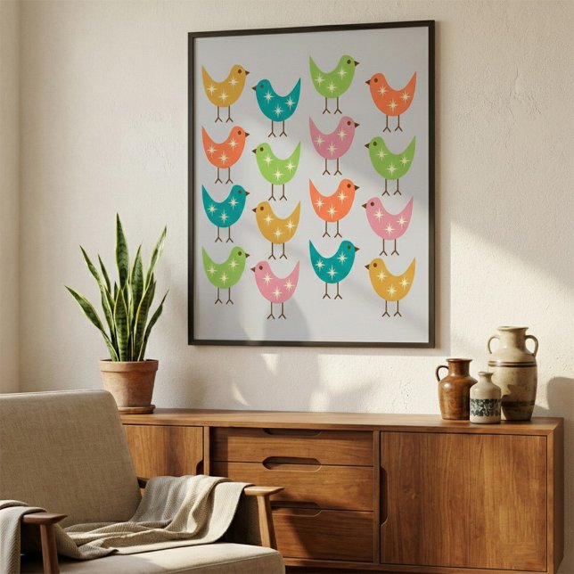 Pôster Mid Century Modern Colorful Atomic Birds Pattern  (Criador carregado)