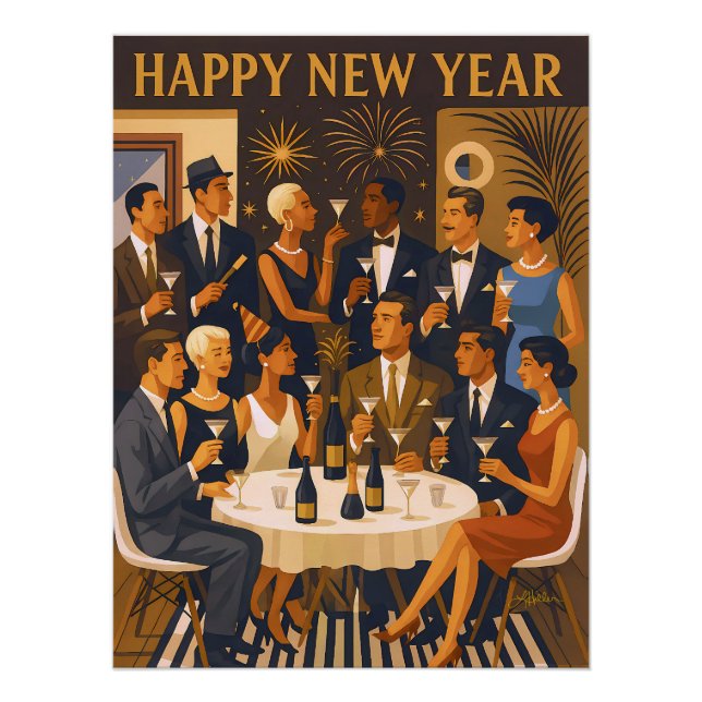 Pôster Mid Century Modern Martini Intellectuals New Year (Frente)
