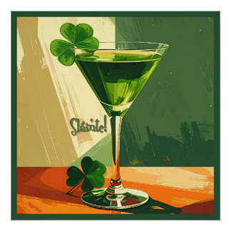 Pôster Mid Century Modern Shamrock Martini Sláinte! 