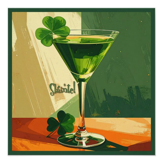 Pôster Mid Century Modern Shamrock Martini Sláinte!  (Frente)