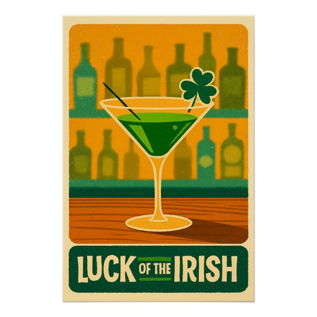 Pôster Mid Century St. Patrick's Shamrock Martini Art (Frente)