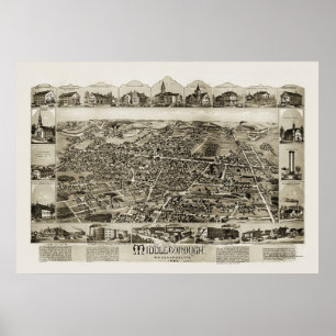 Pôster Middleborough, mapa panorâmico das MÃES - 1889