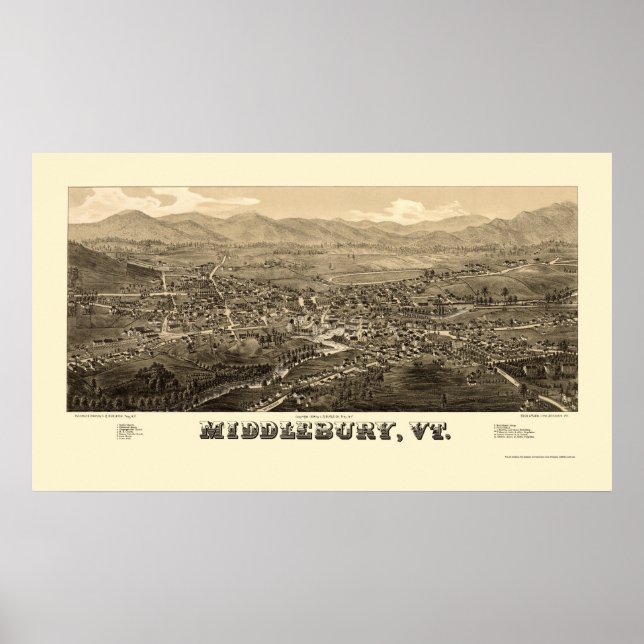 Pôster Middlebury, VT Panorâmica Map - 1886 (Frente)