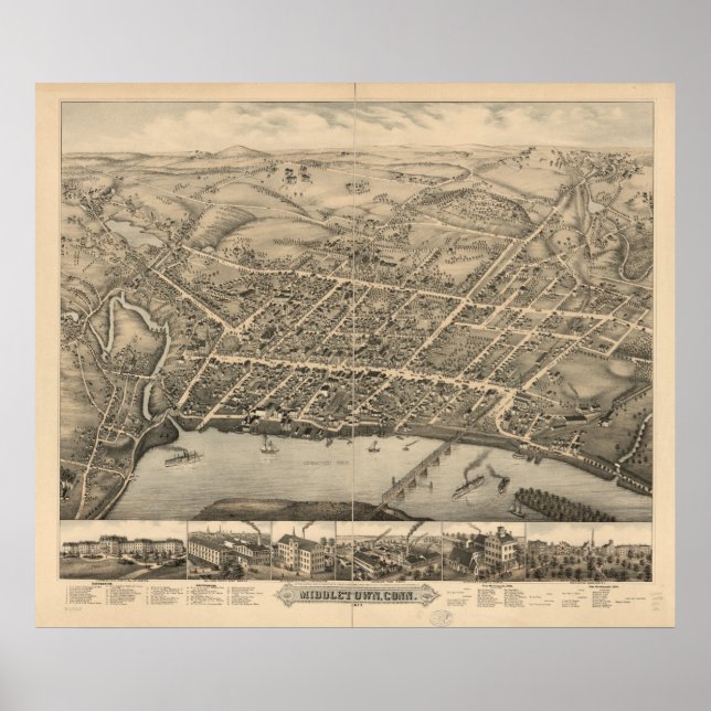 Pôster Middletown Connecticut 1877 Antique Panoramic Map (Frente)