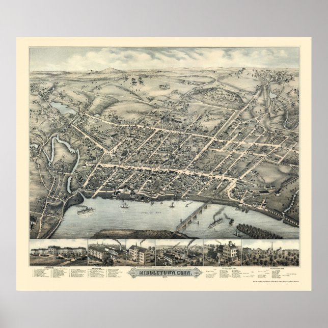 Pôster Middletown, CT Panoramic Map - 1877 (Frente)