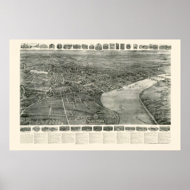 Pôster Middletown, CT Panoramic Map - 1915 (Frente)