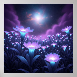 Poster Midnight Bloom Field under Glowing Cosmic Sky