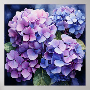 Poster Midnight Garden Violet Hydrangea Watercolor