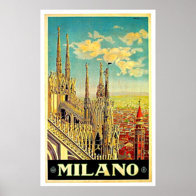 Pôster Milano / Milão Itália Cityscape Vintage (Frente)