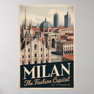 Poster Milão Itália Retrô Silhueta Urbana Viagem