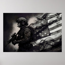 Poster Military Female American Flag Smoke Ink Monochrome