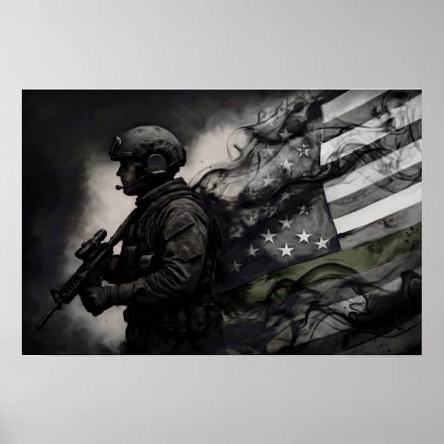 Poster Military Green Line Tribute Smoke American Flag (Frente)