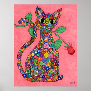 Pôster Millefiori Cat com Rosa vermelha