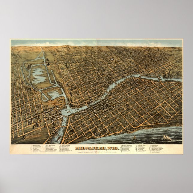 Pôster Milwaukee birdseye map - 1872 (Bailey) BigMapBlog (Frente)