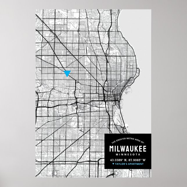 Poster Milwaukee City Map + Marque sua localização (Frente)