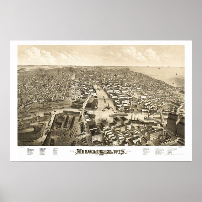 Poster Milwaukee, Mapa Panorâmico da I WI - 1879 (Frente)
