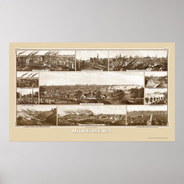 Poster Milwaukee, Mapa Panorâmico da I WI - 1882 (Frente)