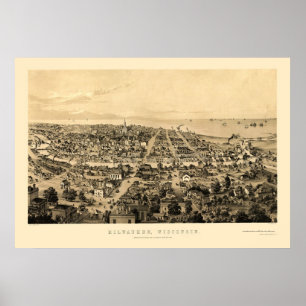 Pôster Milwaukee, mapa panorâmico dos WI - 1854