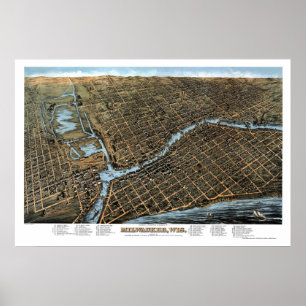 Pôster Milwaukee, mapa panorâmico dos WI - 1872
