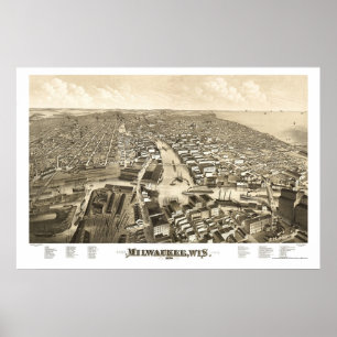 Poster Milwaukee, mapa panorâmico dos WI - 1879