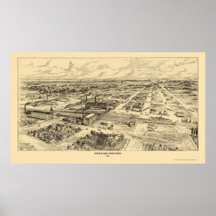 Pôster Milwaukee, mapa panorâmico dos WI - 1906