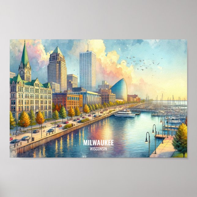 Poster Milwaukee Wisconsin Viagem coloca aquarela (Frente)