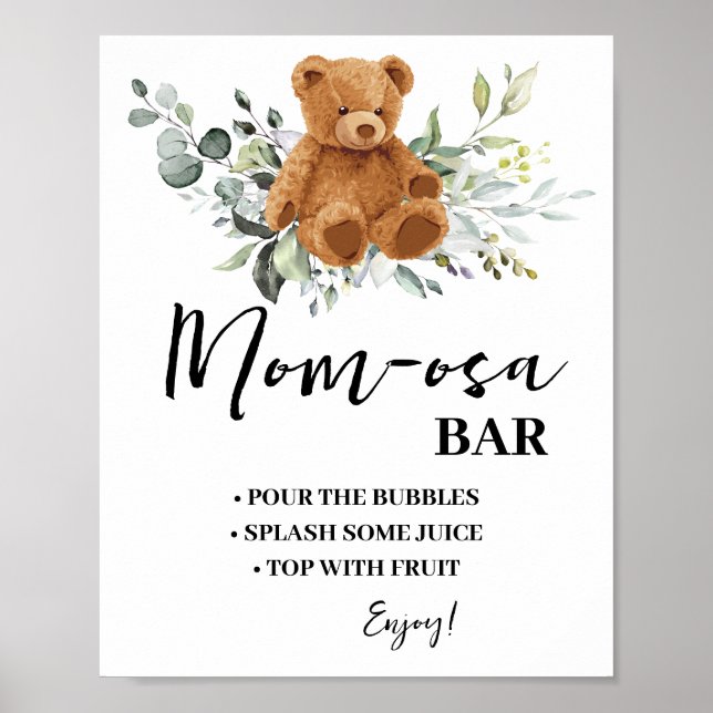 Poster Mimosa Bar Momosa Bar Bear Greenery Baby Shower (Frente)