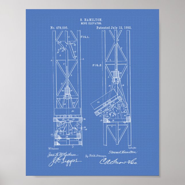 Pôster Mine Elevator 1892 Patent Art Blueprint (Frente)