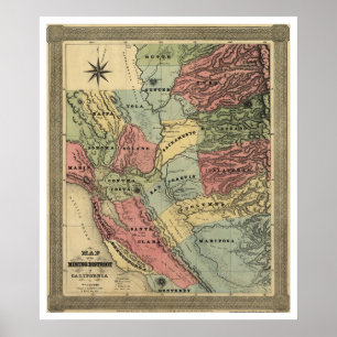 Pôster Mineração no mapa de Califórnia - 1851
