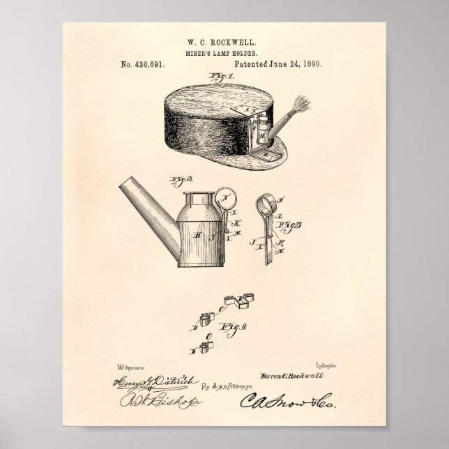 Pôster Miners Lamp Holder 1890 Patent Art Old Peper (Frente)