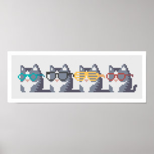 Pôster Mini Cats With Glasses Row Pixel Art