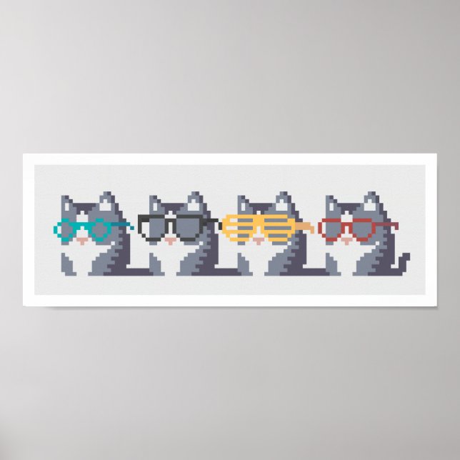 Pôster Mini Cats With Glasses Row Pixel Art (Frente)
